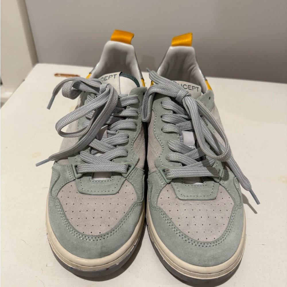 Gray and Yellow Retro-Inspired Sneakers with Chunky Sole